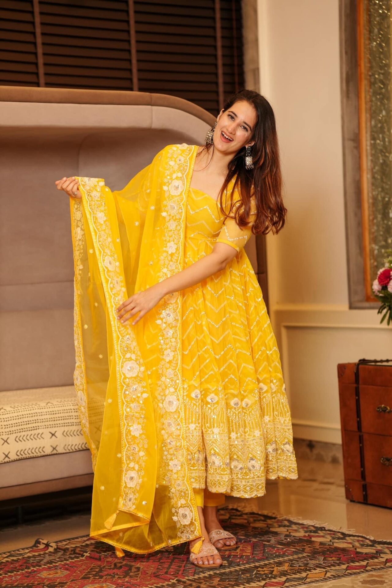 Light Yellow Silk Blend Floral Embroidered Palazzo Suit Set with Dupatta at  Soch