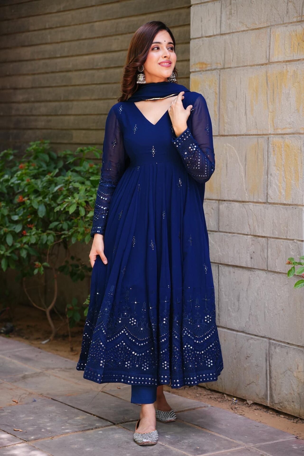 Blue Georgette Embroidered Narrow Straight Pant Suit Party Wear