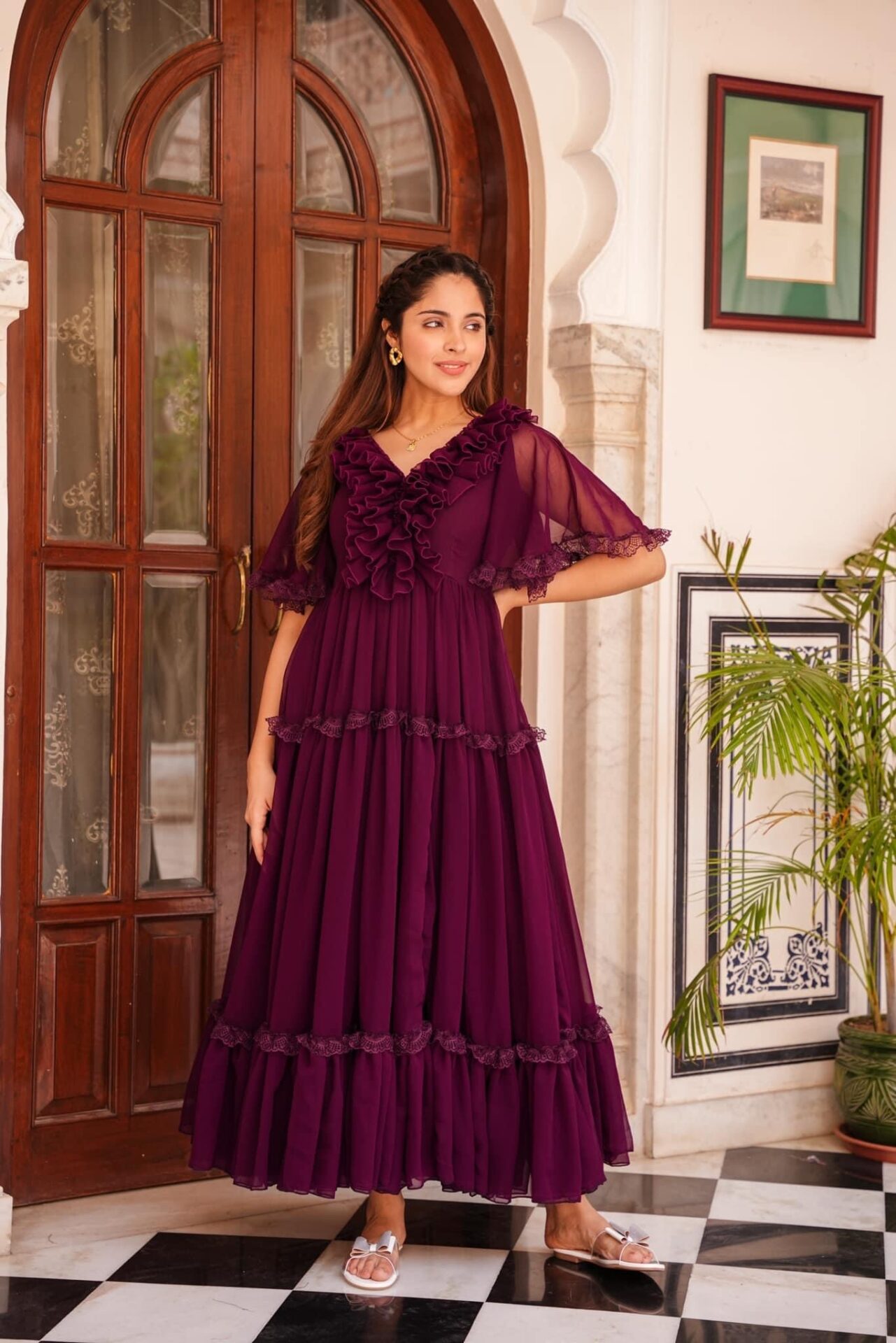 INDIGO FRILLED GEORGETTE DRESS - Buy Designer Ethnic Wear for Women Online  in India - Idaho Clothing