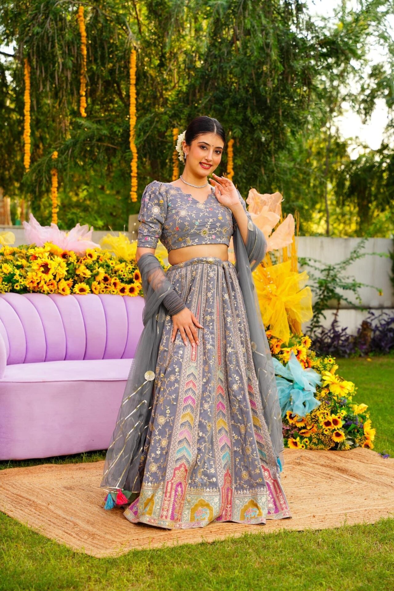 Buy Panchhi Grey & Pink Embroidered Semi-Stitched Lehenga & Unstitched  Blouse with Dupatta at Amazon.in