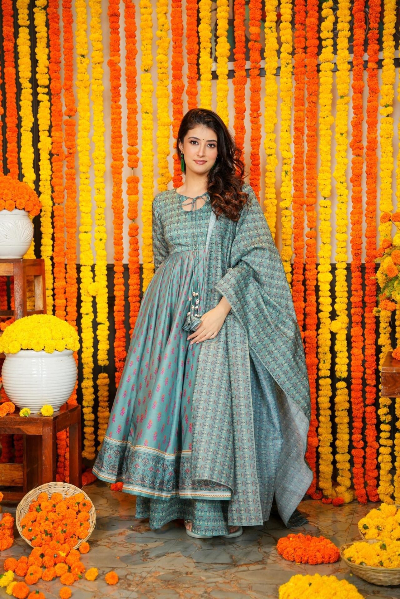 Green chanderi silk kurta with palazzo - Set of 2 | Priya Chaudhary