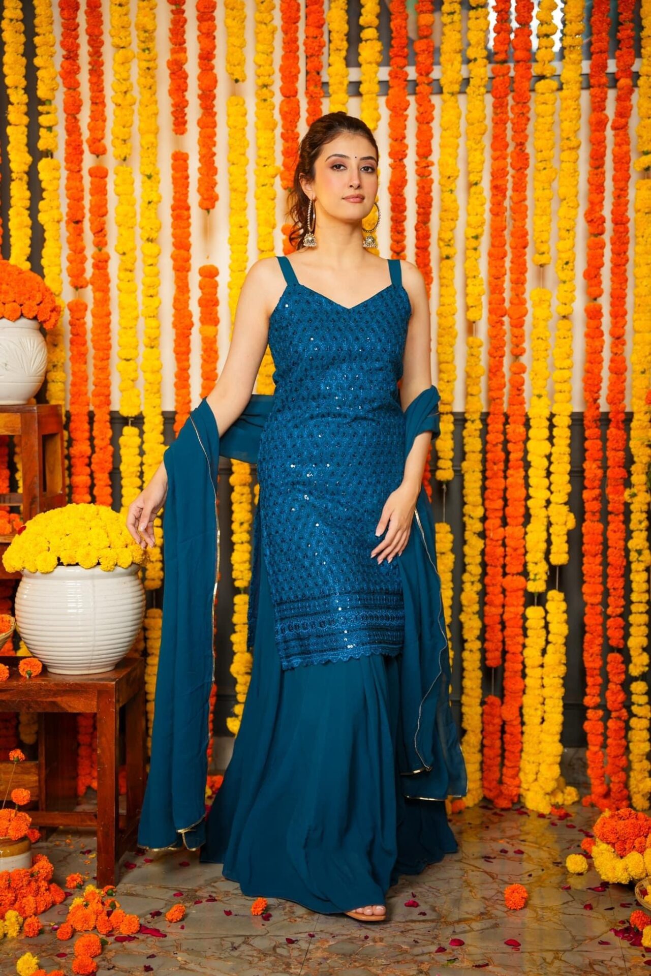 Wedding Festival Party Wear Blue Printed Naira Cut Kurti Pant Dupatta Gift  Dress | eBay